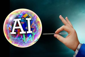 A hand holding a pin up to a bubble labeled “AI”