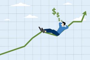 A graphic of an investor leaning back and relaxing while lying on an upward-facing green arrow