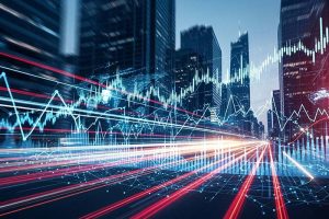 An image of a rising stock chart and several blurry lines moving through a city, symbolizing the fast-moving nature of the markets