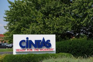 A sign with the Cintas logo outside the company’s corporate headquarters