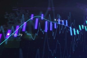 Several stock charts on a blue background