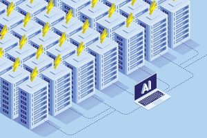 A graphic of dozens of data centers linking to a laptop with “AI” written on it