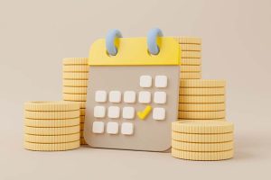 A graphic of a calendar surrounded by several stacks of coins