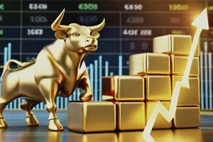 A golden bull standing next to a pile of gold bars and a gold “up” arrow