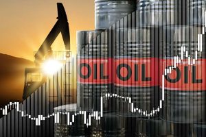 A rising price chart with three barrels of oil and a pumpjack in the background
