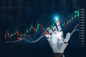 A robotic hand touching a rising stock chart