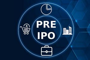 The word “pre-ipo” in a circle surrounded by icons of a chart, a shopping cart, a suitcase, and a building