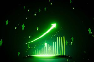 A row of rising green bars with an upward-facing arrow above them