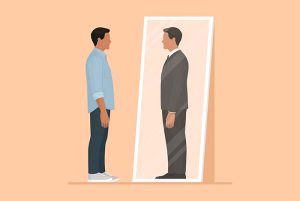 A graphic of a man looking at himself in the mirror