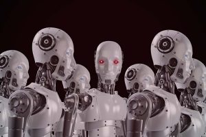 Several humanoid robots, with one looking at the camera with red eyes