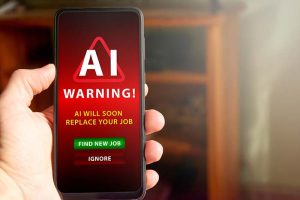 A hand holding a phone that says “AI WARNING! AI WILL SOON REPLACE YOUR JOB”