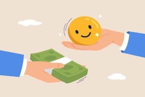 A graphic of two hands - one holding a yellow smiley face, and the other holding a stack of dollar bills