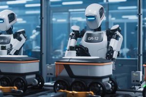 A humanoid robot working at an assembly line