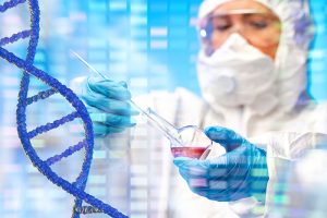 A scientist in a white lab coat with a DNA helix in the foreground