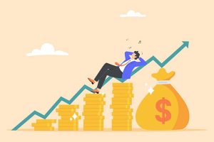A cartoon of a businessman lounging on a rising arrow and several stacks of coins